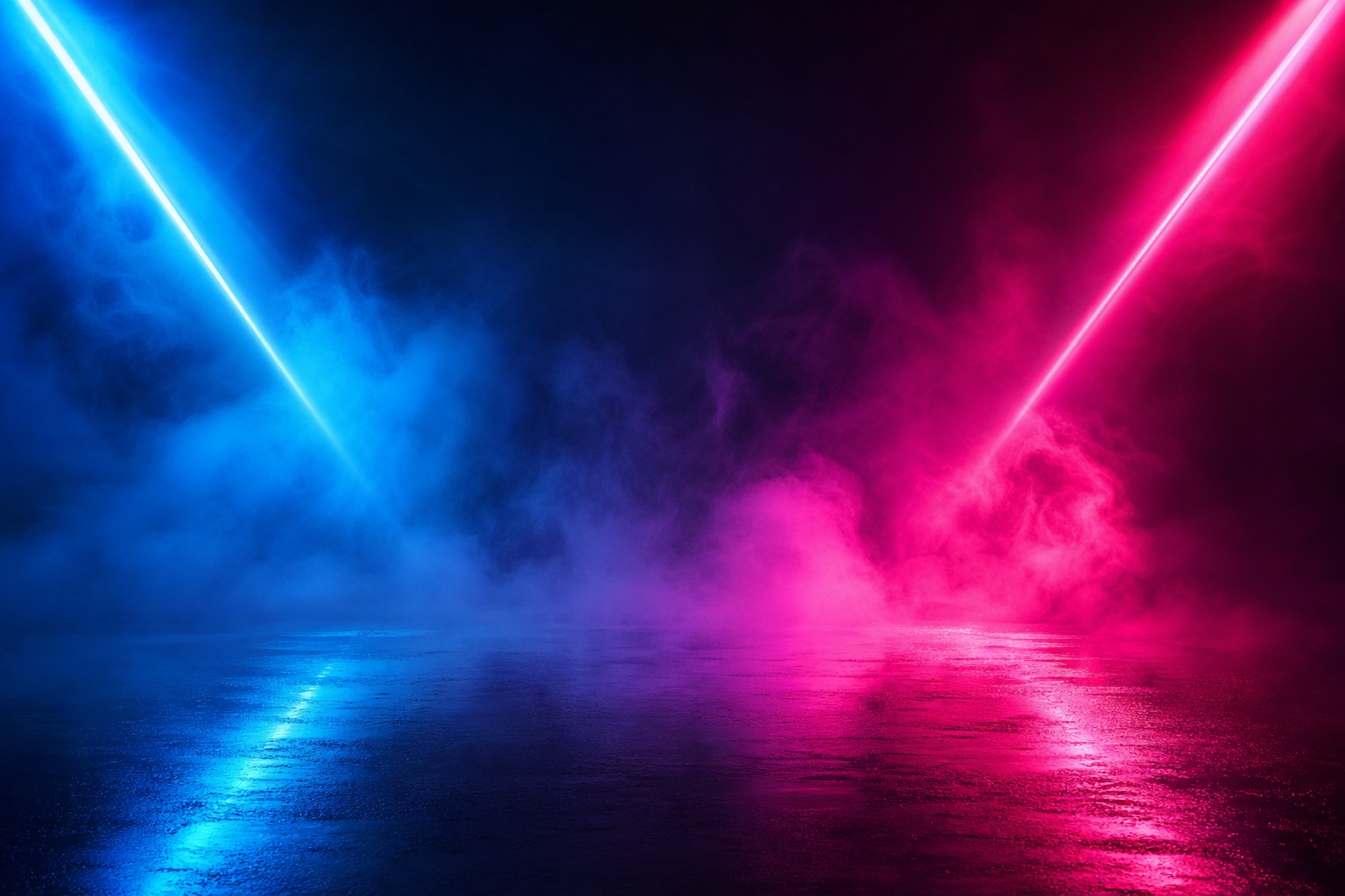 Blue and magenta neon fog with glowing light trails over a dark reflective surface