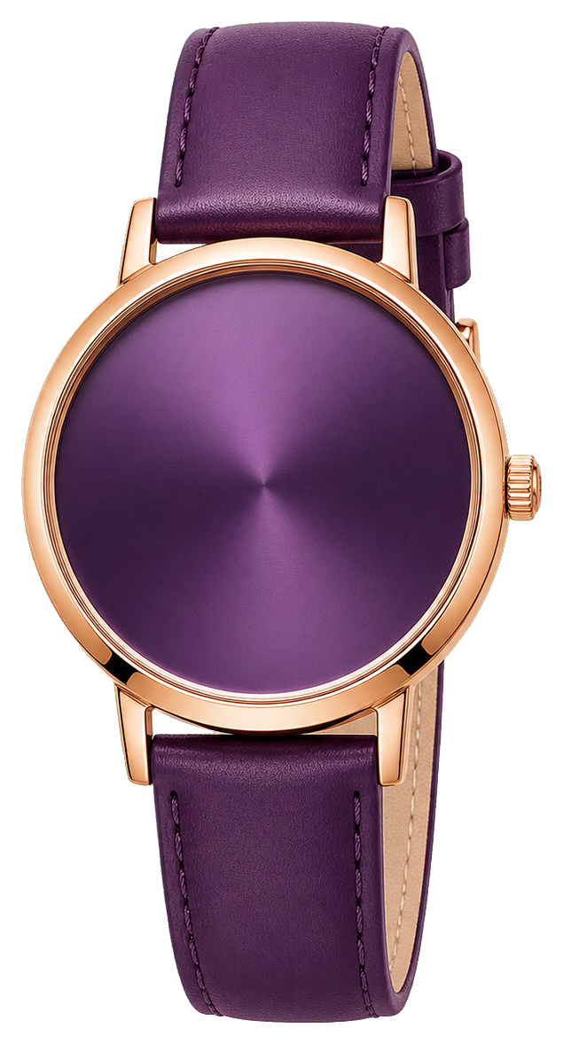 Purple wristwatch with gold case and matching purple strap