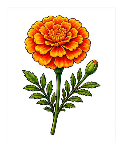 Bright orange marigold blossom with green stem and buds on a transparent background