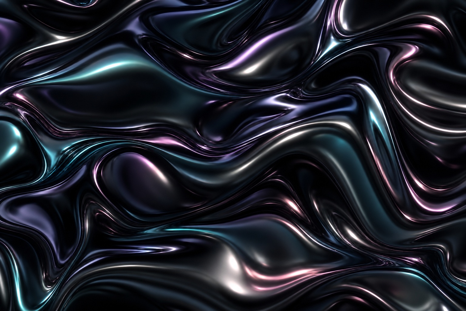 Abstract flowing liquid chrome swirls in dark metallic black, silver, and iridescent highlights.