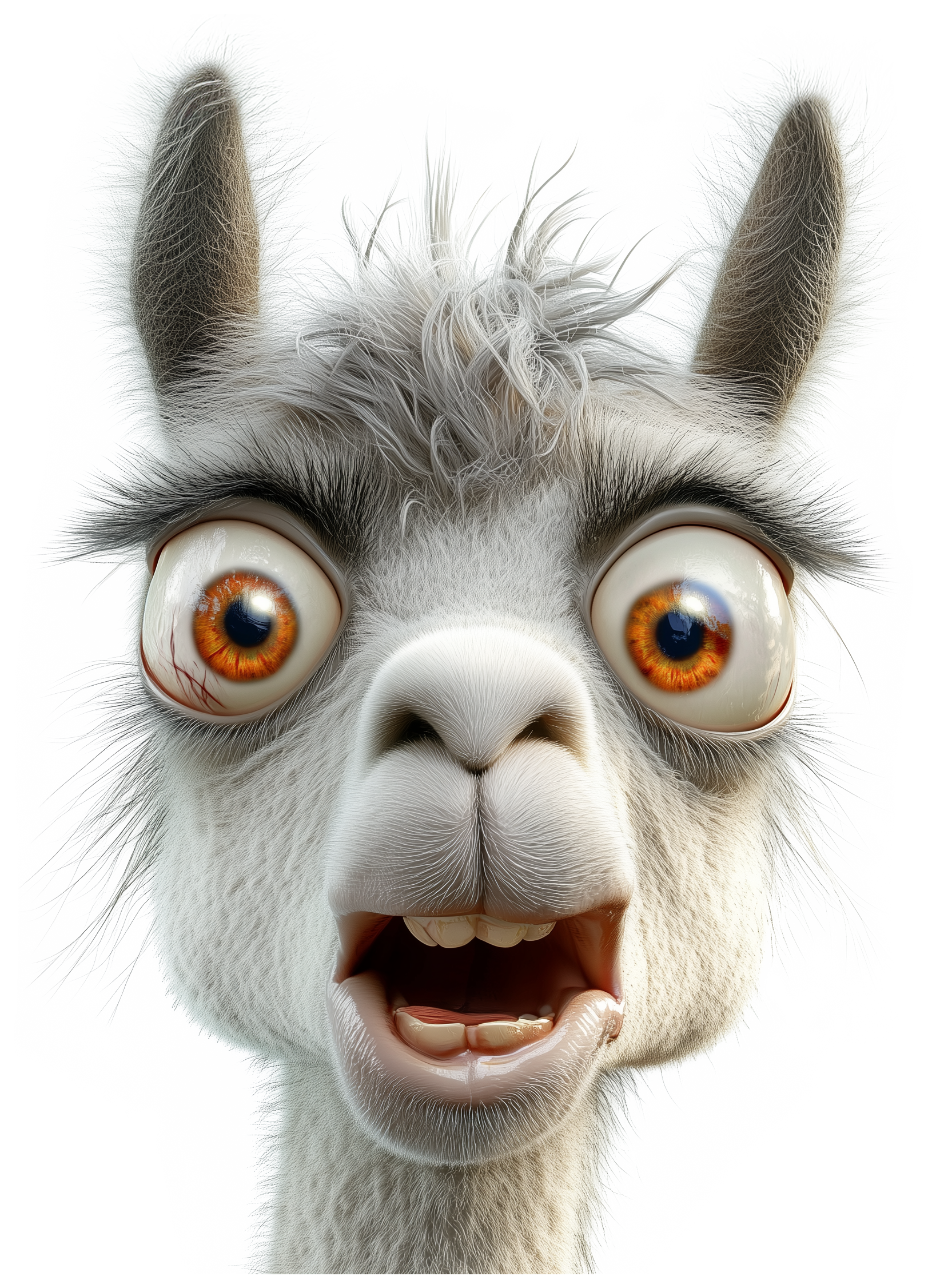 Surprised 3D llama with wide eyes and open mouth.