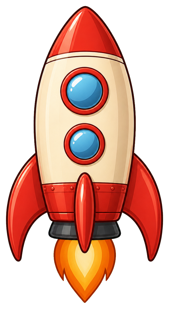 Red retro rocket sticker with blue windows and orange flame exhaust