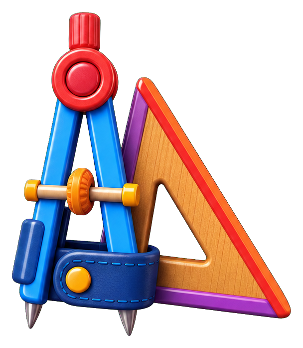 Colorful geometry tools including a compass, ruler, and triangle ruler