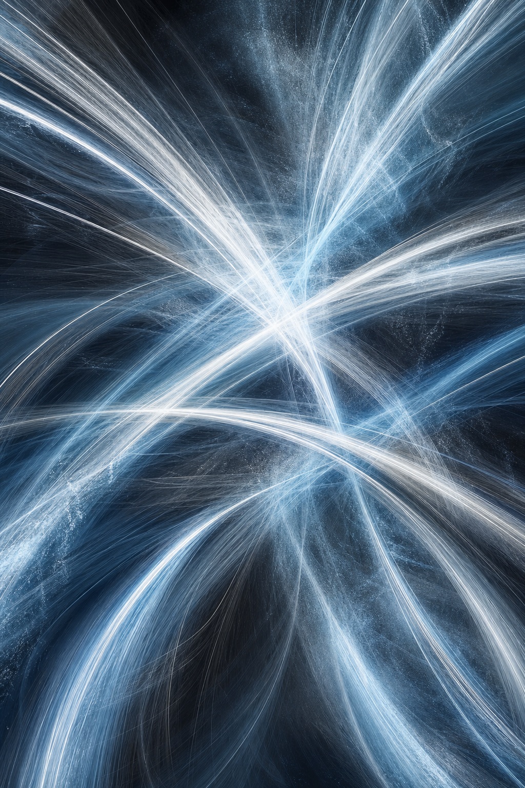 Intersecting blue-white light arcs sweeping across a dark monochrome background