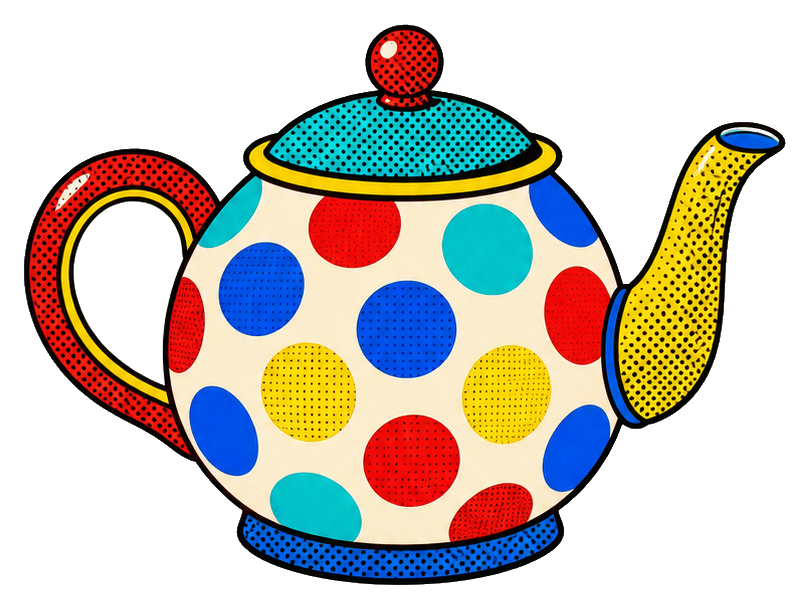 Colorful polka dot teapot with red lid, yellow spout, and rainbow handle