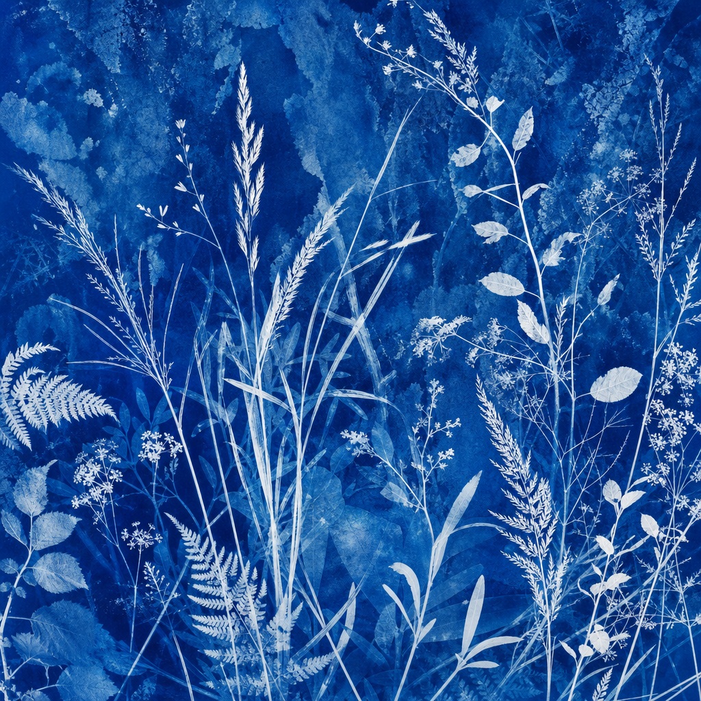 Blue cyanotype-style background with grasses, leaves, and wild botanical stems