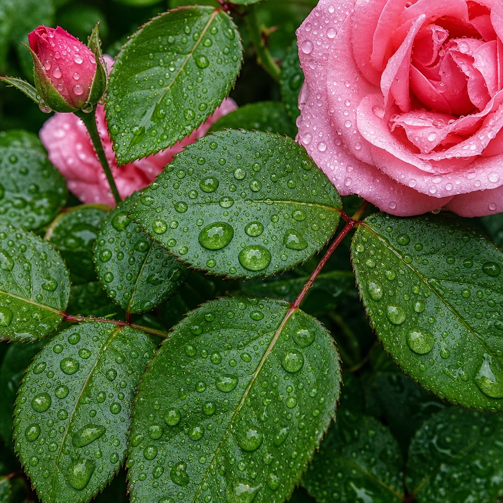 Close-up of wet green leaves and a pink rose covered in raindrops.