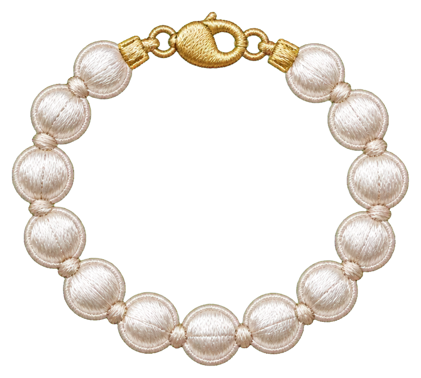 A round pearl bracelet with gold bead accents in an embroidered style.