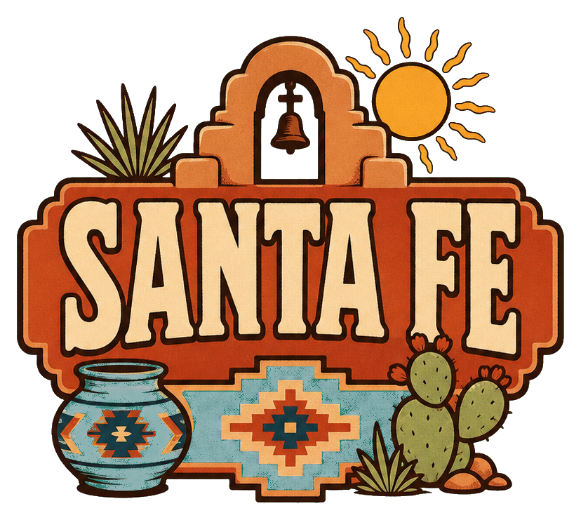 Retro Santa Fe text with adobe pottery, sun, cactus, and Southwest decorative details