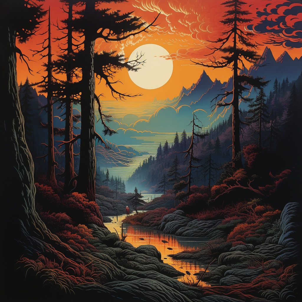 Illustrated forest valley with mountains, river, pine trees, and a glowing sunset over a campsite