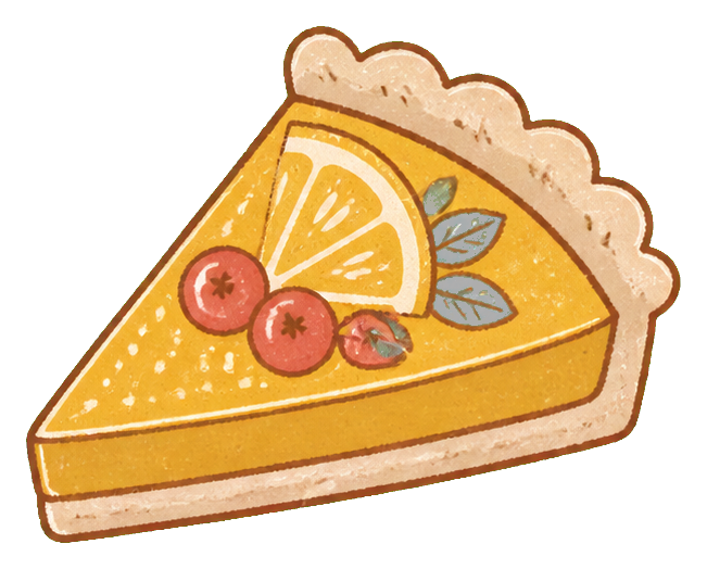 Golden citrus tart slice with cream crust, orange wedge, berries, and blue leaves