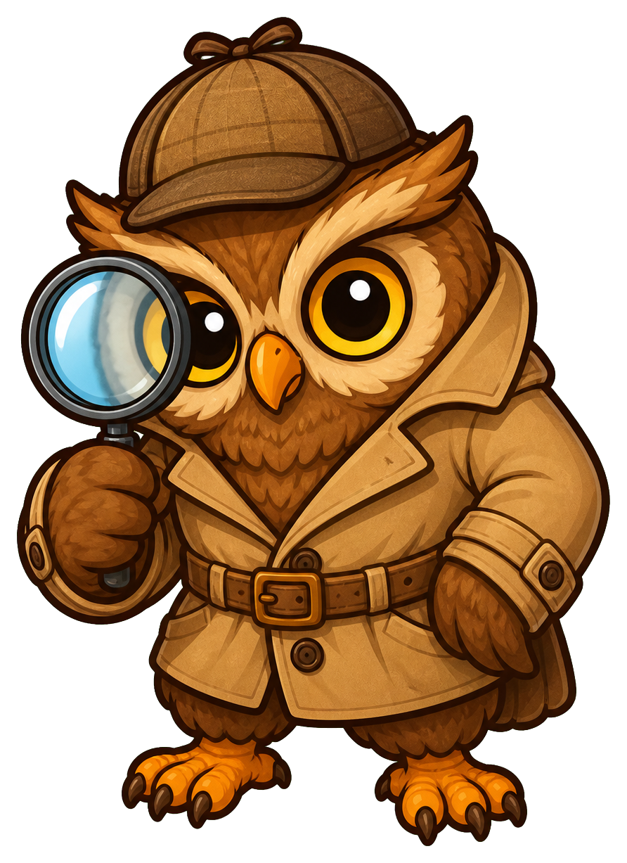 Cute owl in a detective coat and hat holding a magnifying glass
