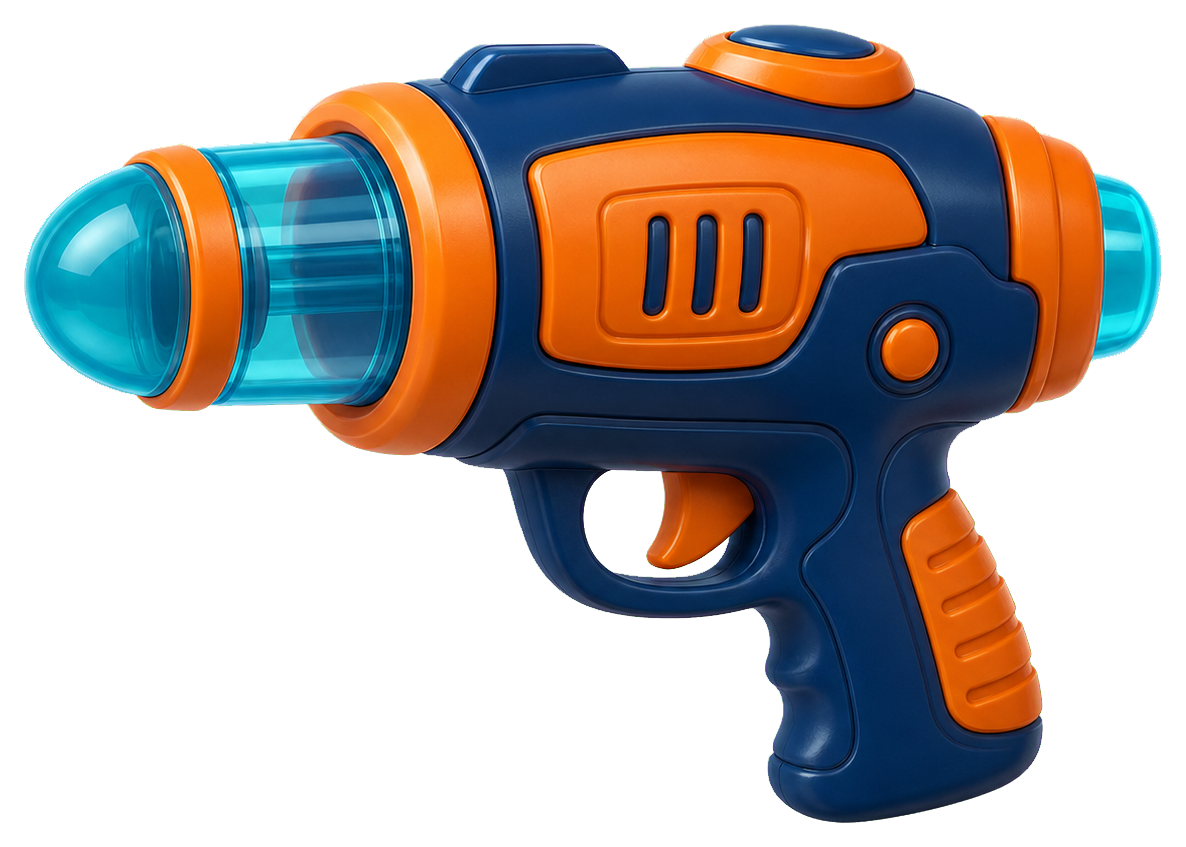 Orange and blue toy blaster with a futuristic space gun design