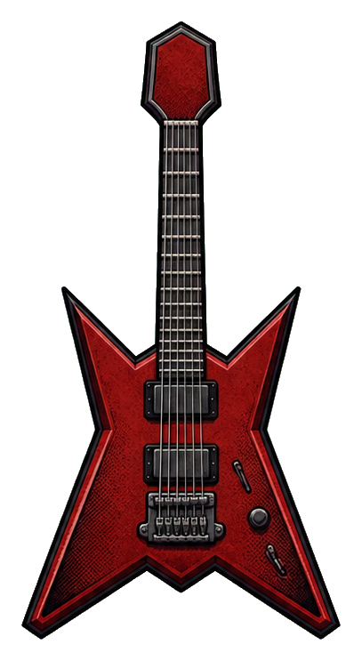 Crimson angular electric guitar with black hardware and sharp pointed body