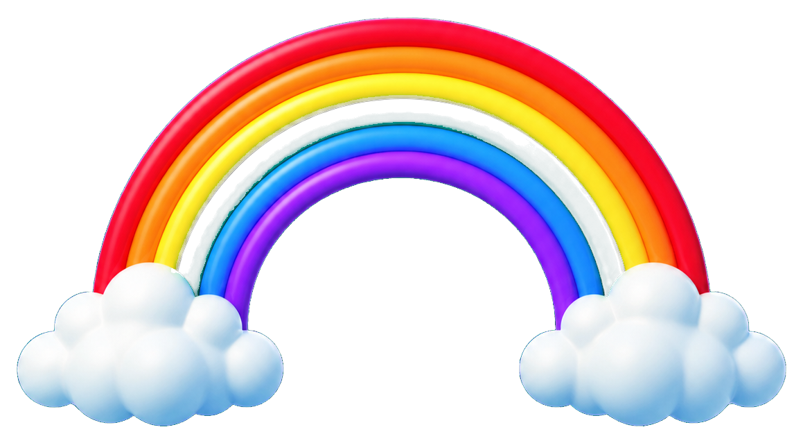 Two white clouds connected by a bright rainbow arch.