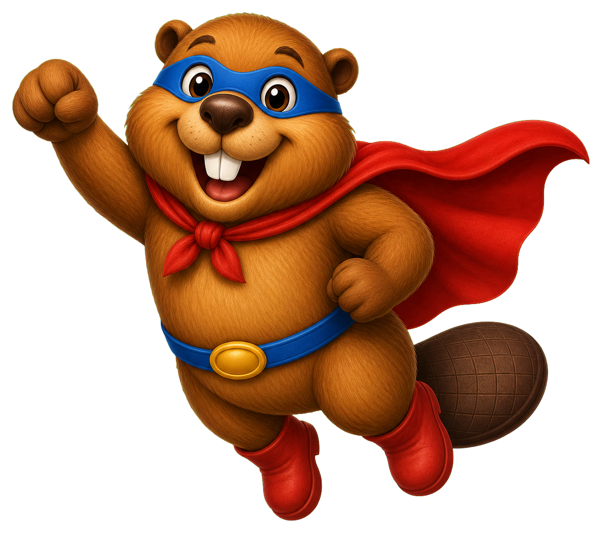 Cute beaver wearing a mask, red cape, and blue superhero outfit