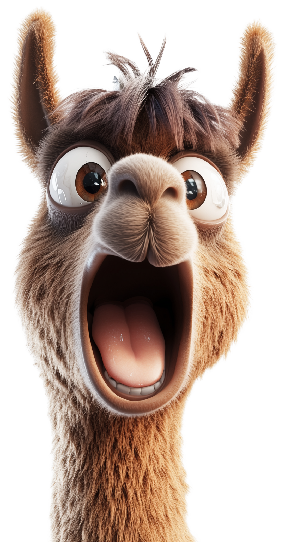A surprised 3D cartoon llama face with wide eyes and open mouth.