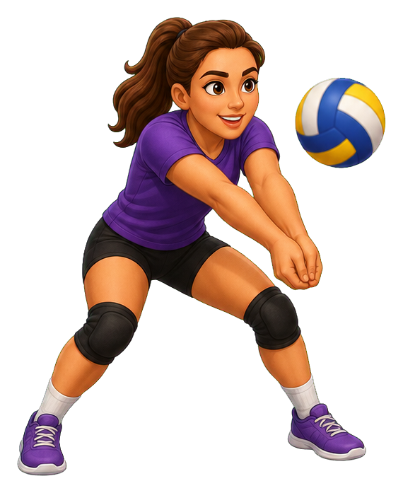 Cartoon volleyball player crouching to bump a volleyball