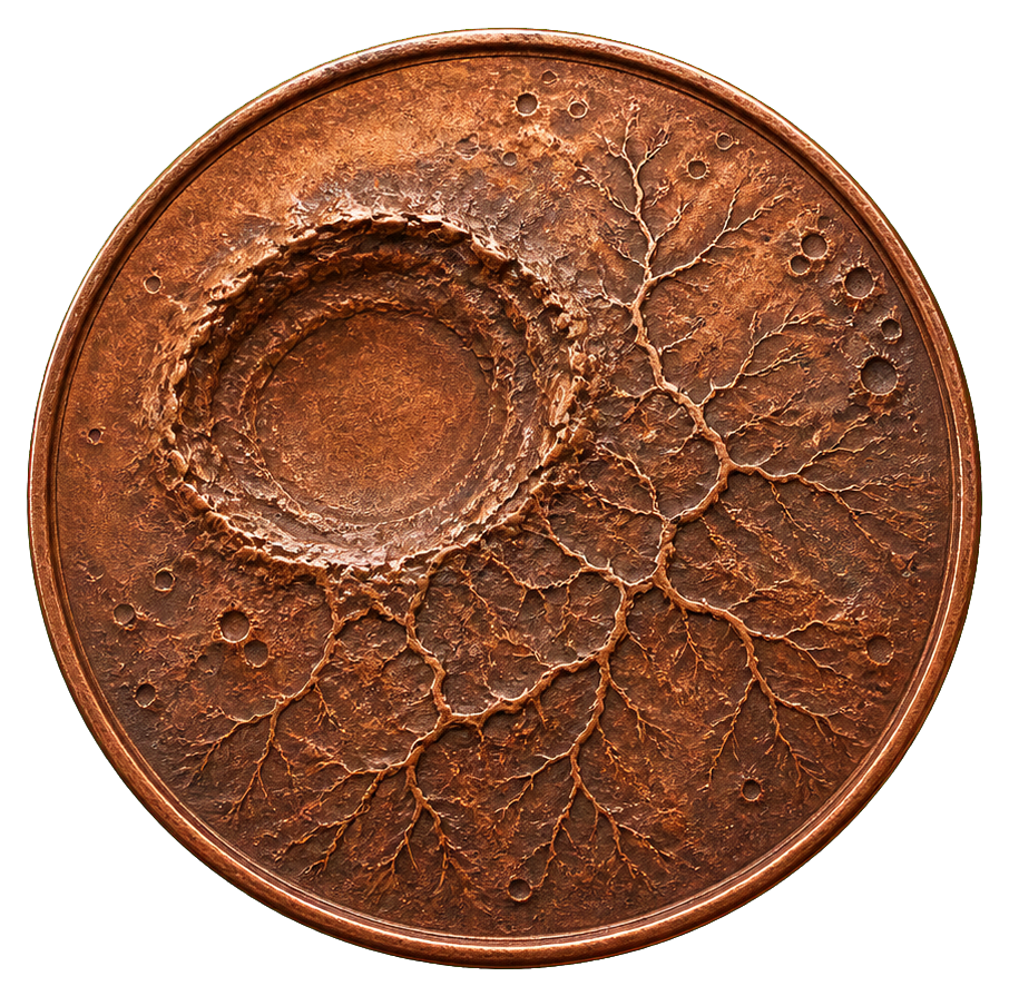 Round copper coin with a large cratered center and cracked textured surface