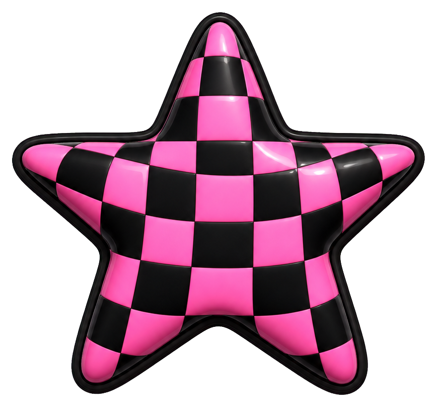 Pink and black checkered star sticker with rounded points
