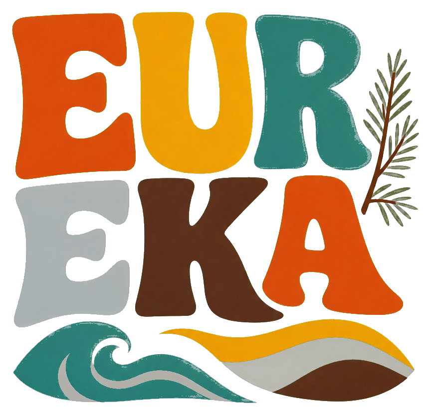 Colorful retro Eureka word art with a wave and palm graphic