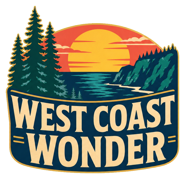 Retro West Coast Wonder text sticker with sunset, trees, and water illustration