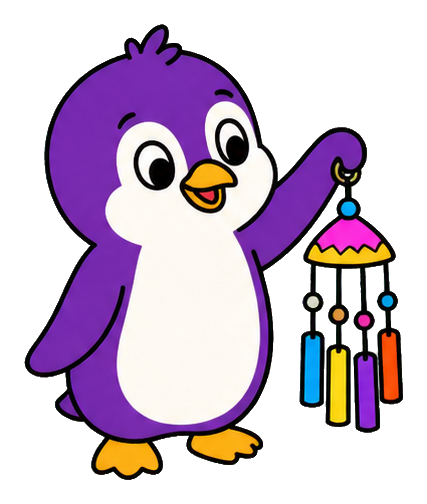 Purple cartoon penguin holding a colorful wind chime.