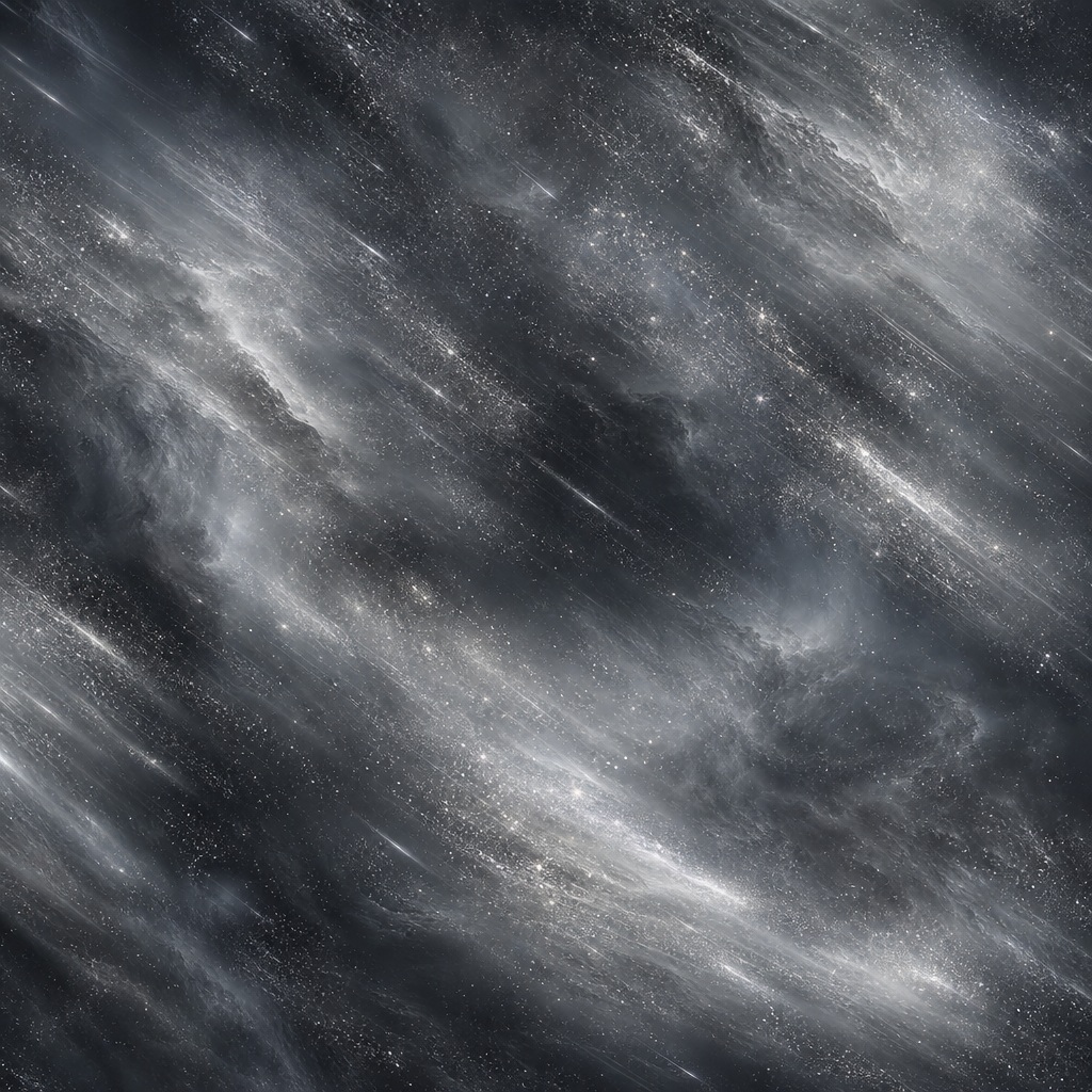Dark abstract background with silver streaks, smoky haze, and scattered glowing particles.