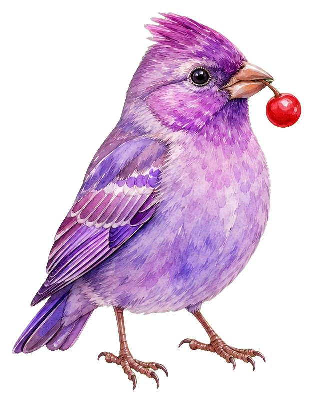 Purple watercolor bird holding a red berry in its beak.
