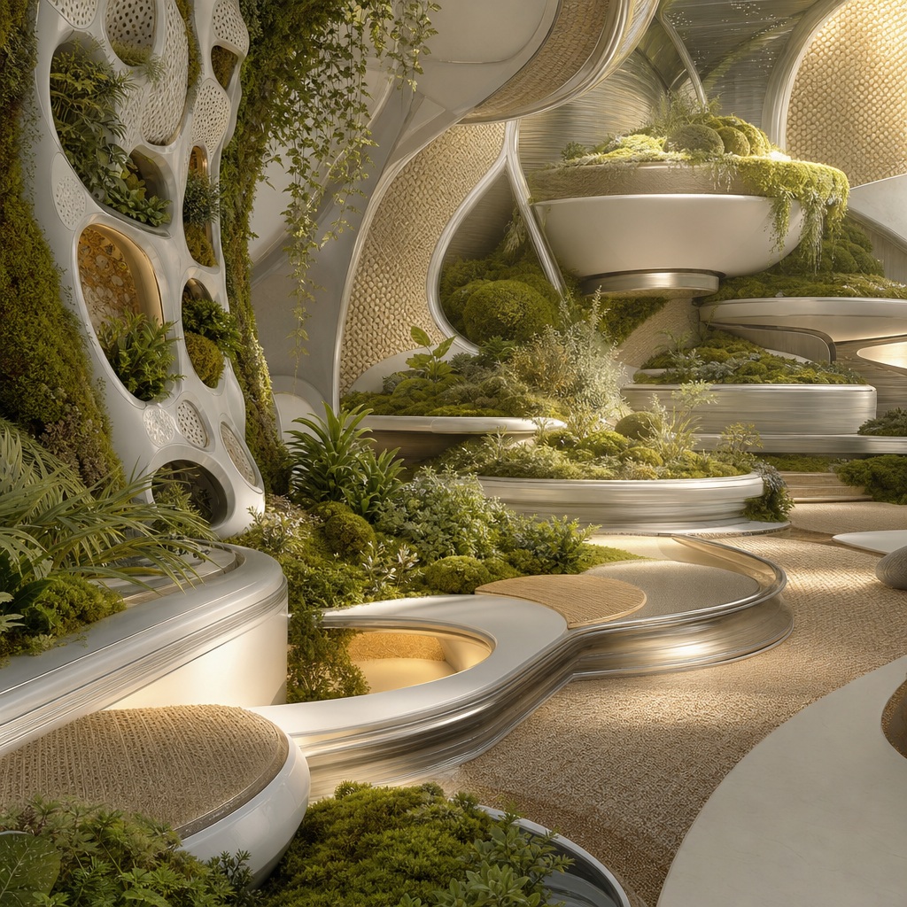 Sunlit moss growing around curved walkways inside a futuristic orbital habitat interior.