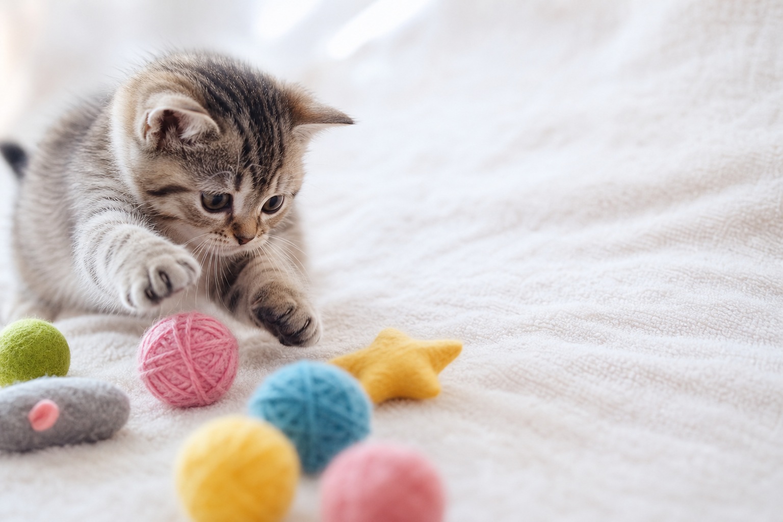 Small kitten playing with colorful yarn balls on a soft white blanket