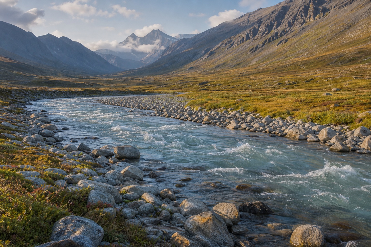 Sunlit river winding through a rocky glacial valley with mountains in the distance
