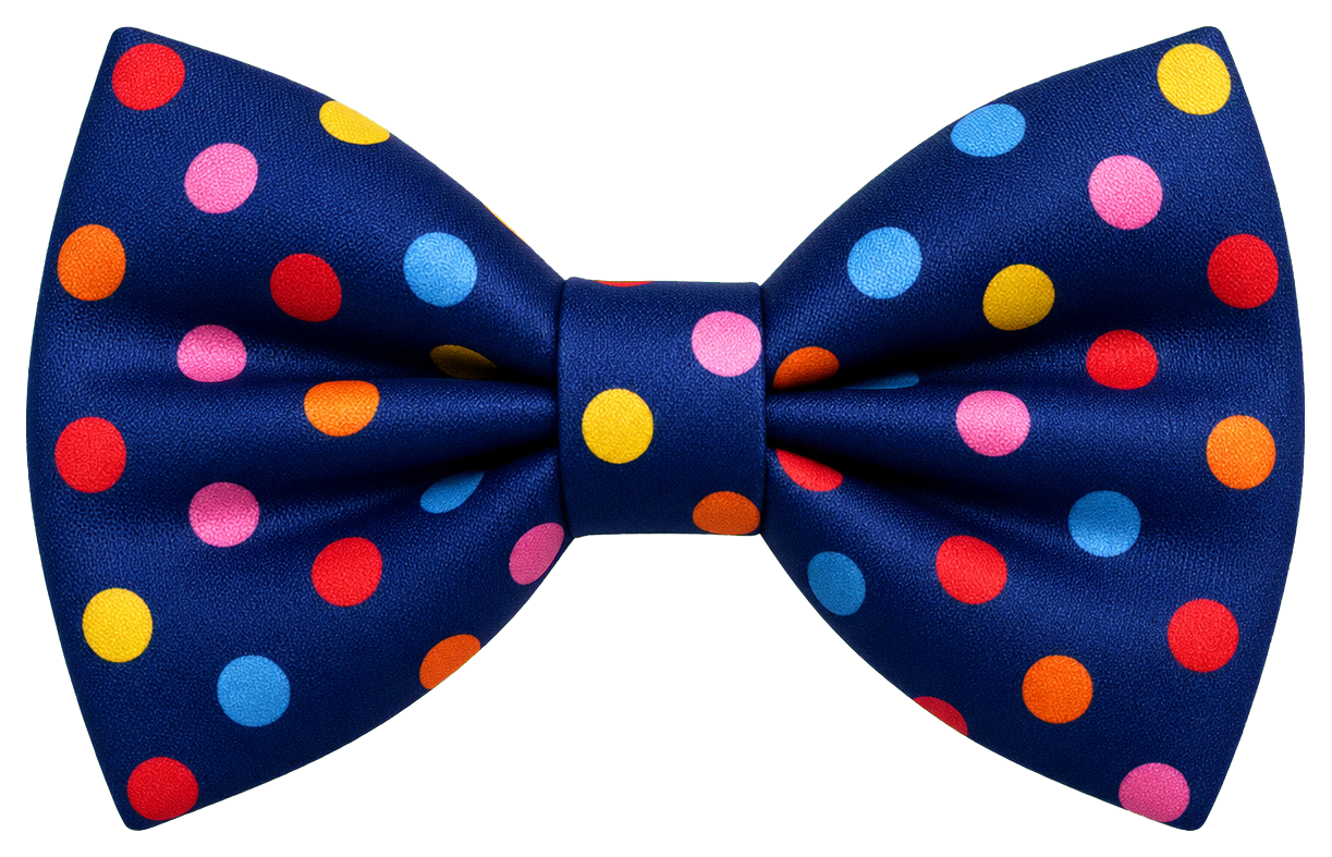 Blue bow tie with colorful polka dots on a dark background