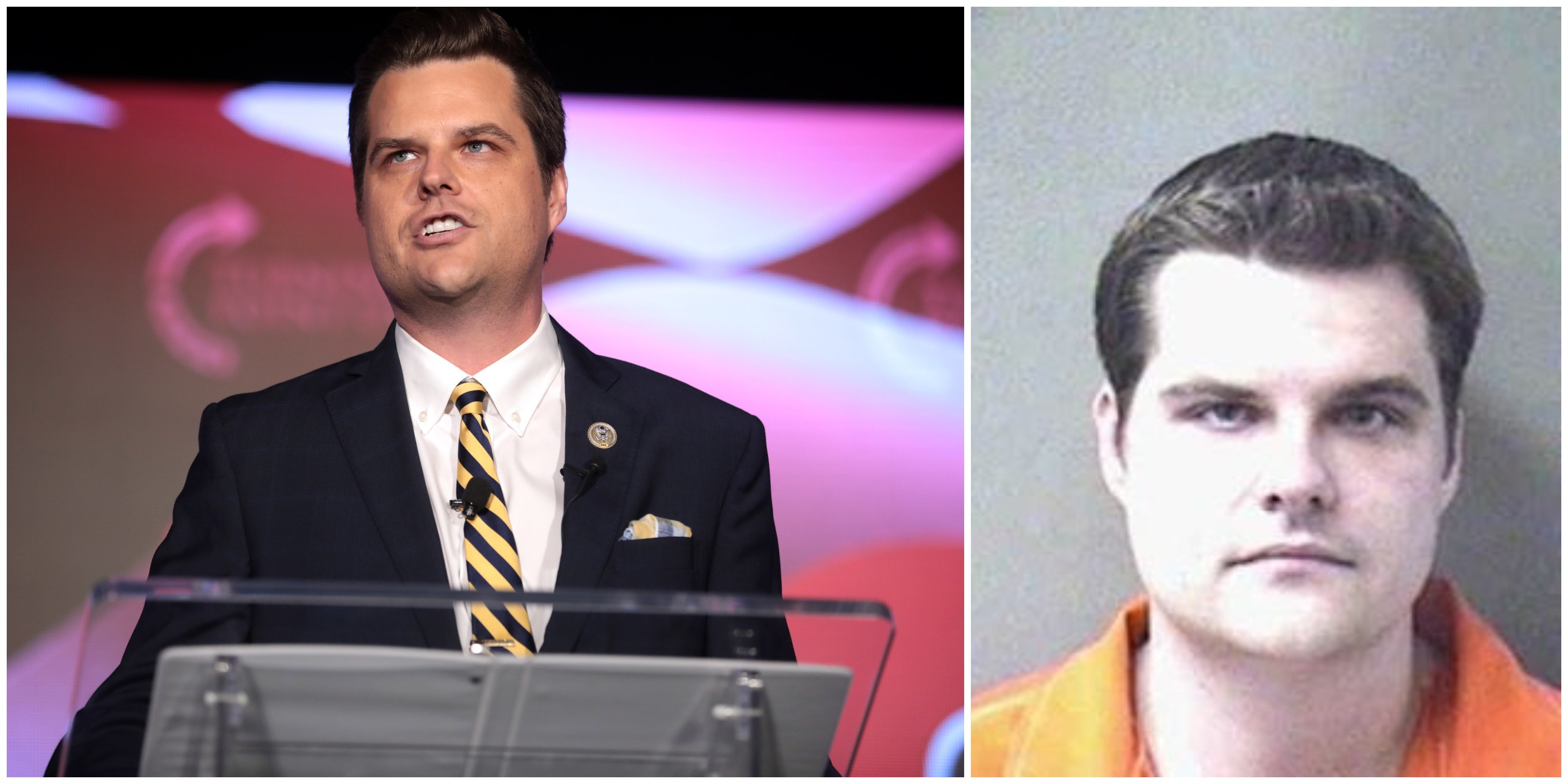 Split image showing a man at a podium beside a defendant mugshot portrait.