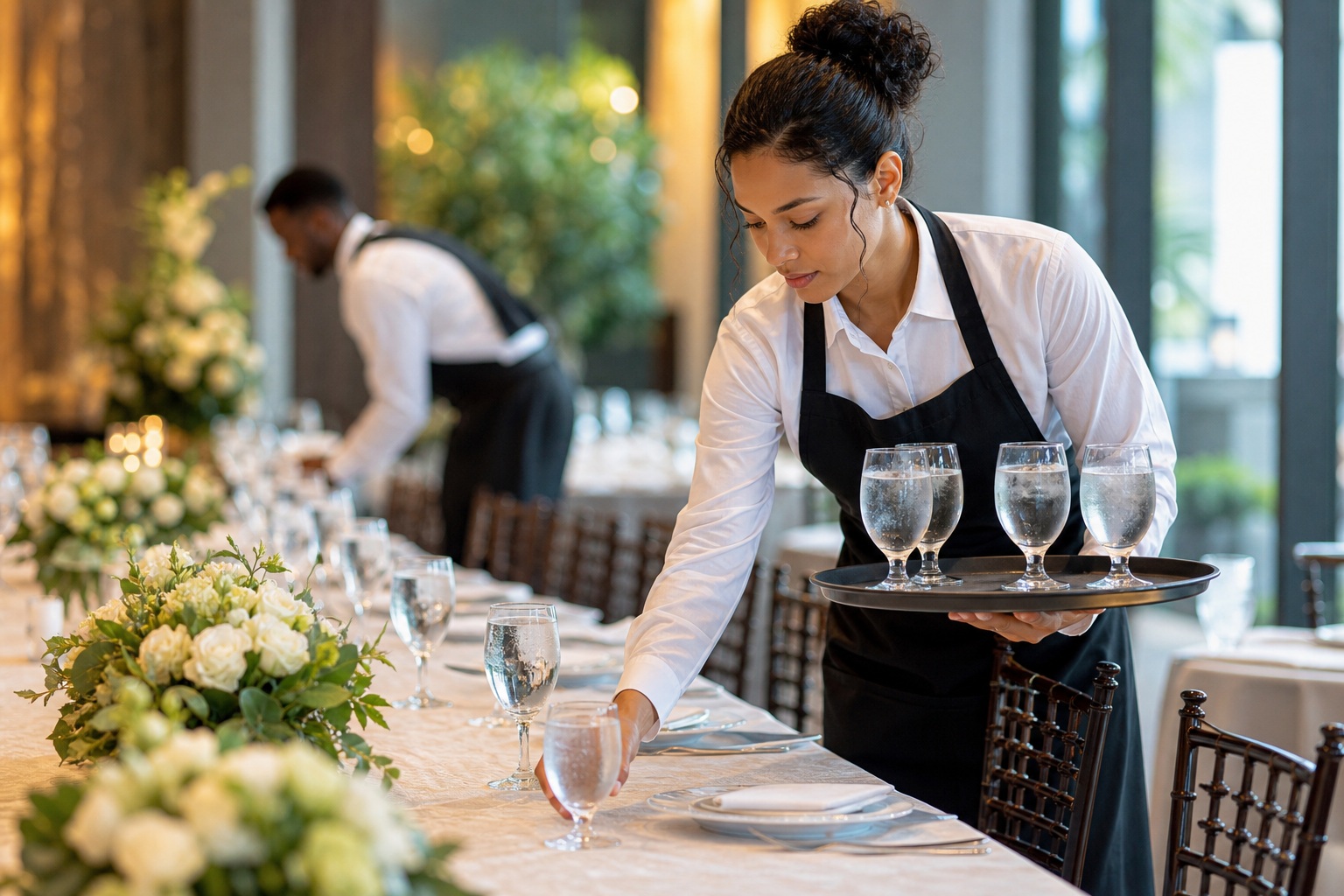 Event staff arranging a reception table with water glasses and flowers in a banquet venue.