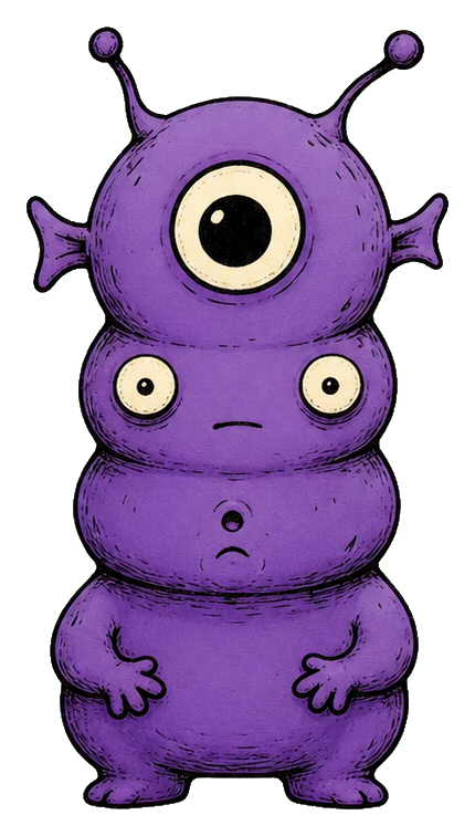 Purple stacked alien with three eyes, small arms, and a rounded body.