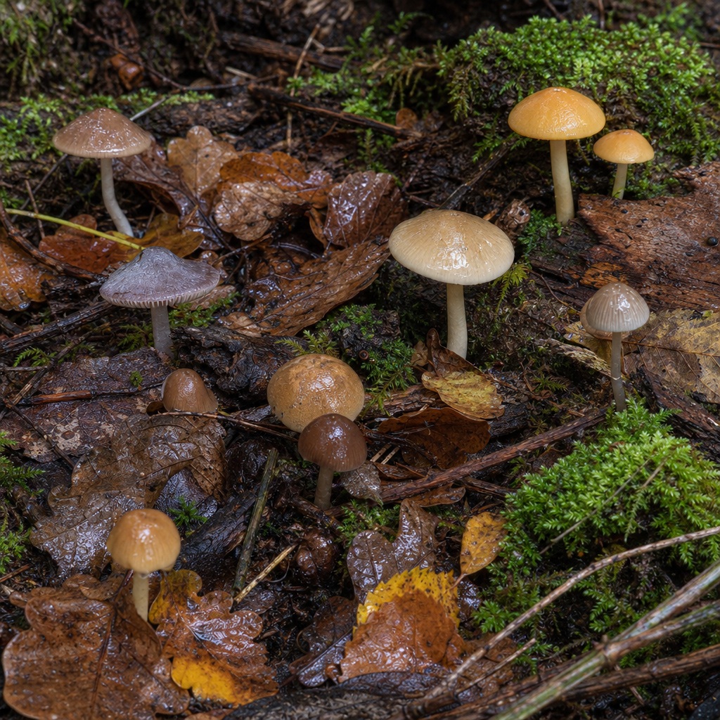 Small mushrooms growing among moss, wet leaves, and forest floor debris