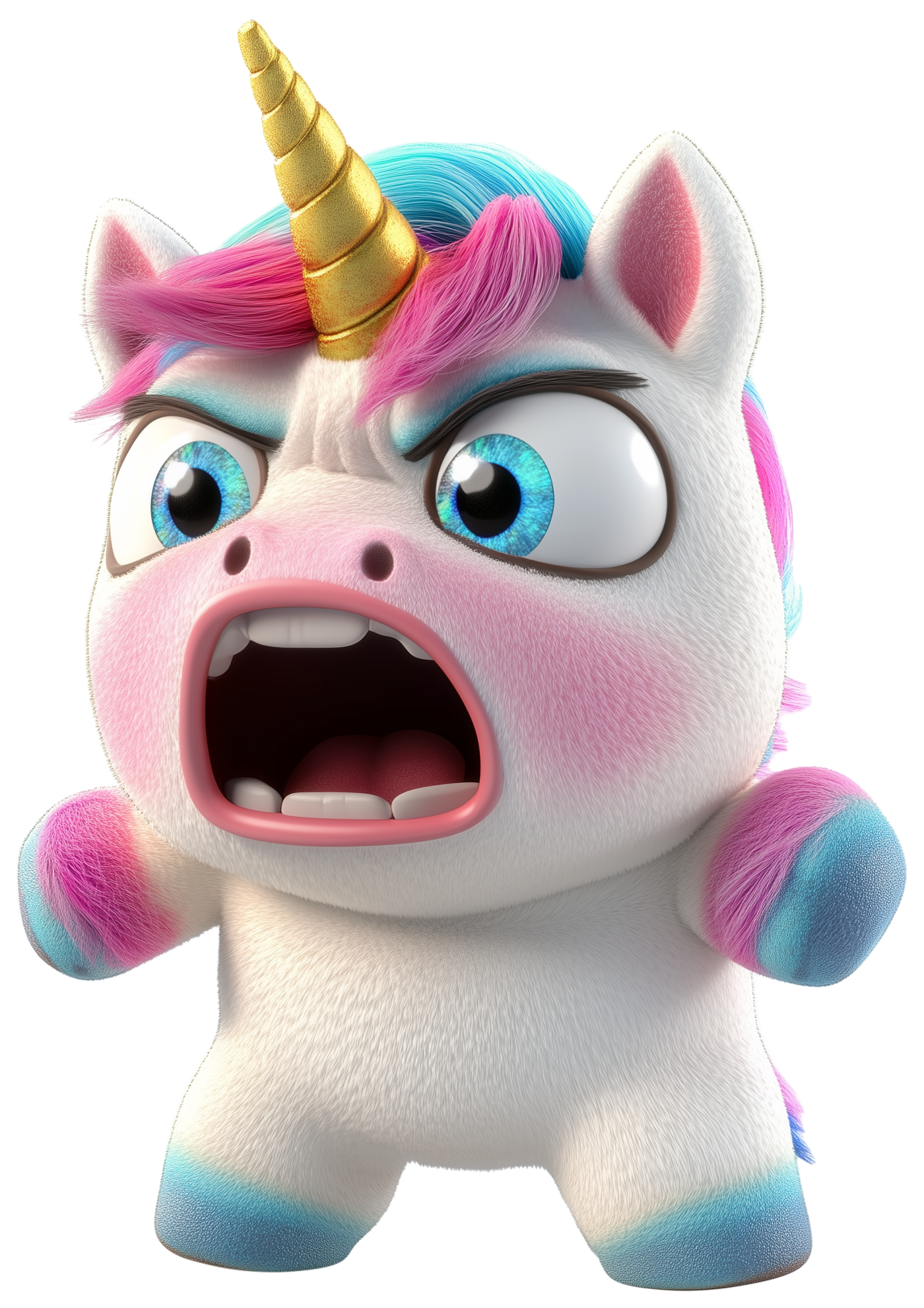 Cute cartoon unicorn emoji sticker with pink mane, blue eyes, and open mouth