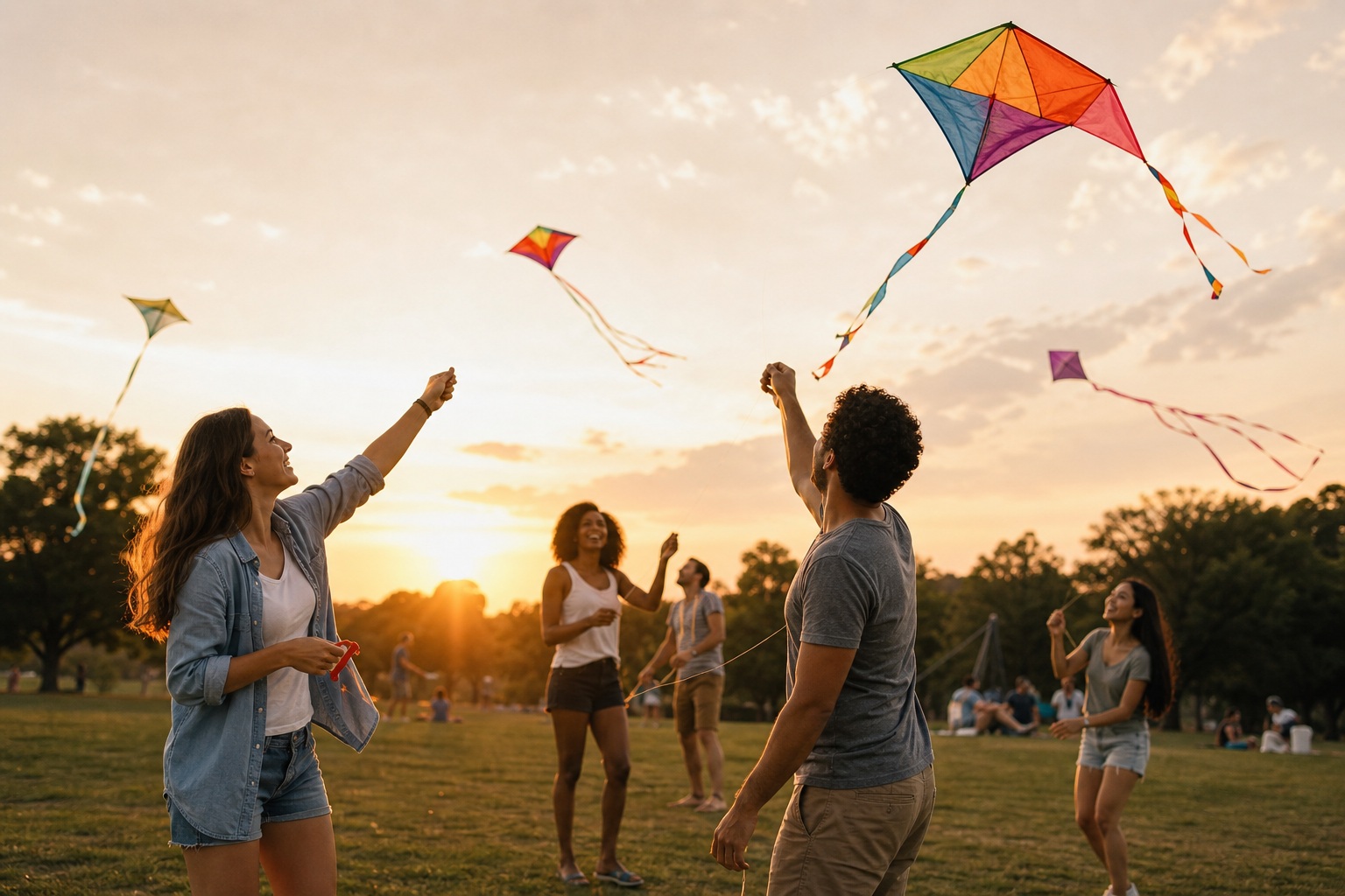 Preview for Sunset Kite Flying Friends Stock Background