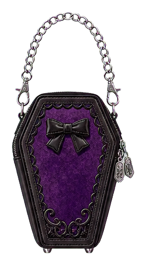 Purple coffin shaped purse with black trim, bow, and chain strap sticker