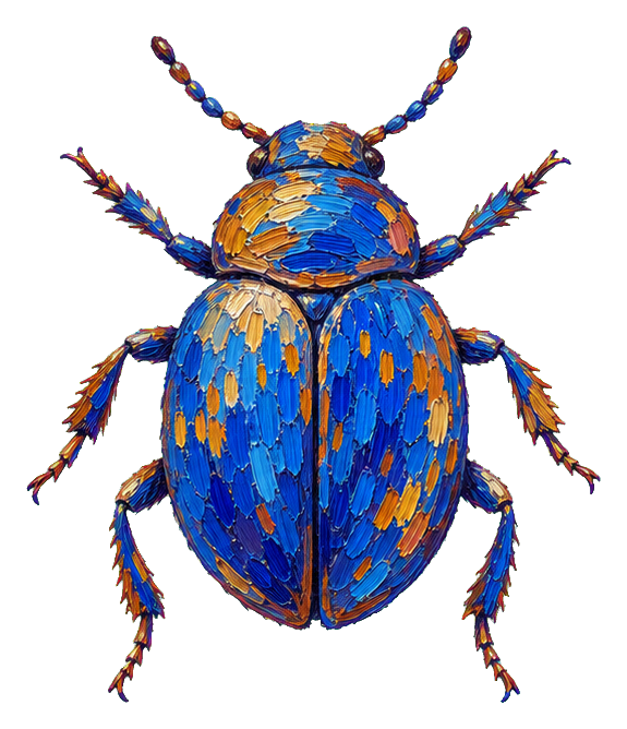 A textured blue and orange beetle with painterly brushstroke details