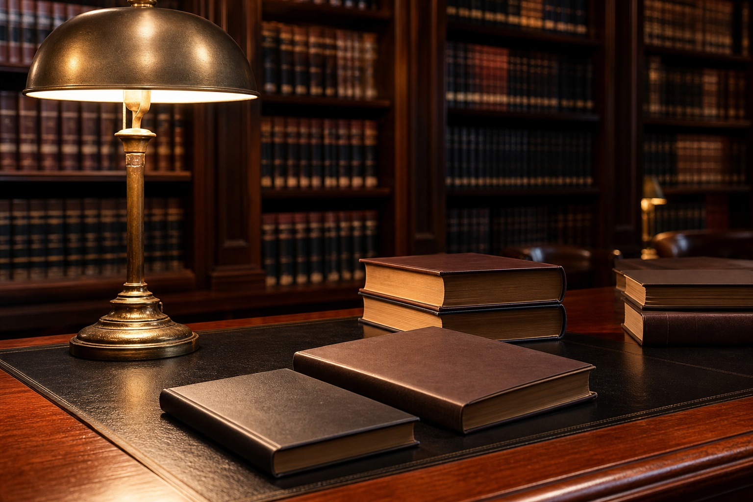 Law office desk with books, lamp, and library shelves in a warm interior.