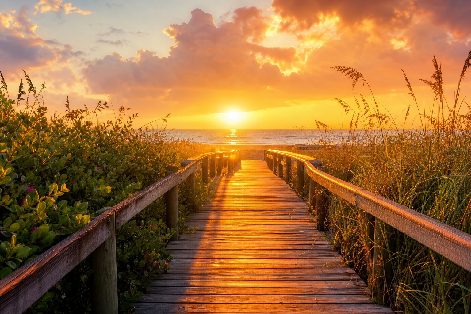 Wooden boardwalk leading toward a glowing sunset over the beach with tall grasses on both sides.