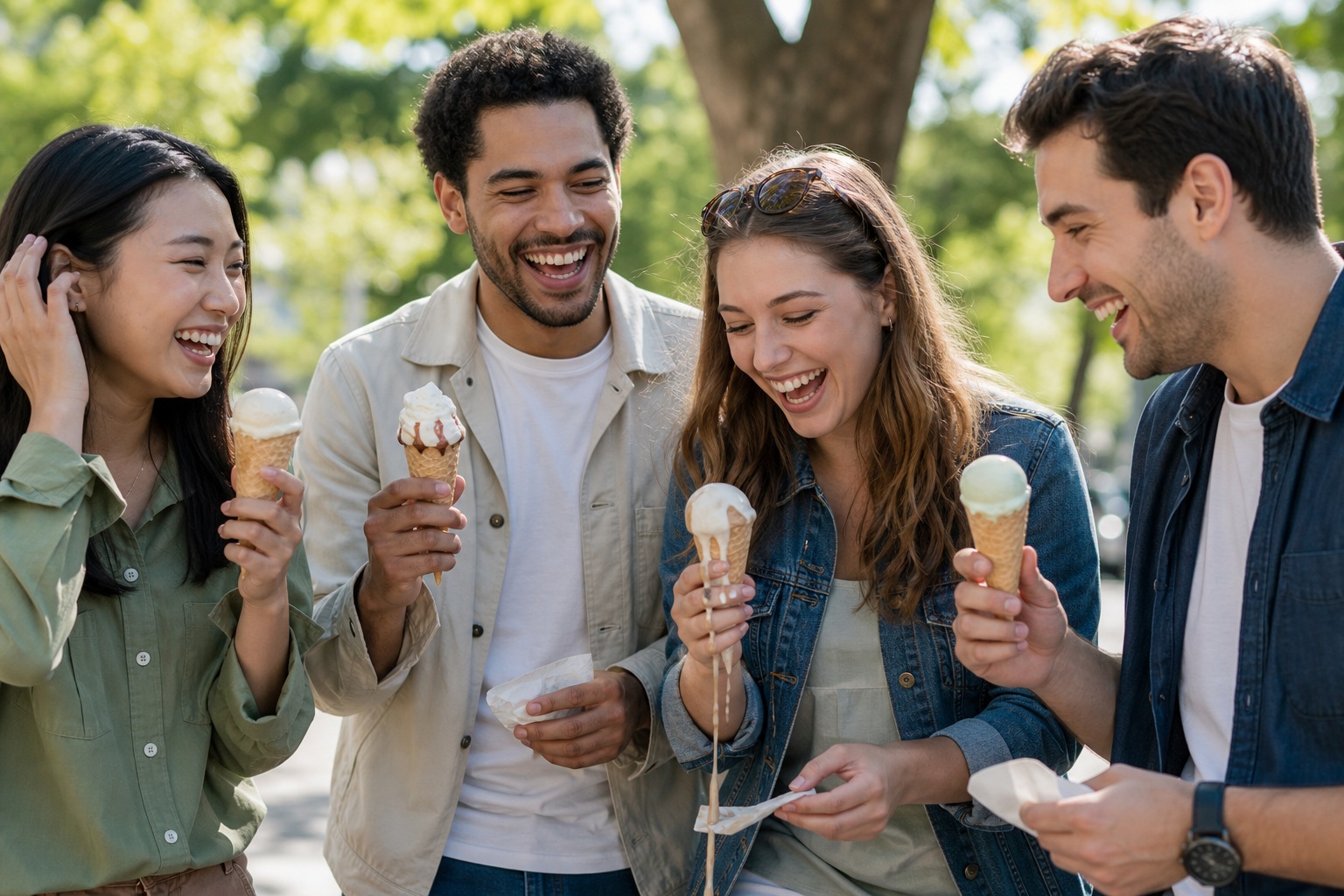 Four smiling friends standing outdoors and holding ice cream cones.