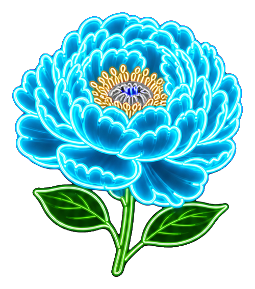 Glowing cyan neon peony with green leaves on a black background
