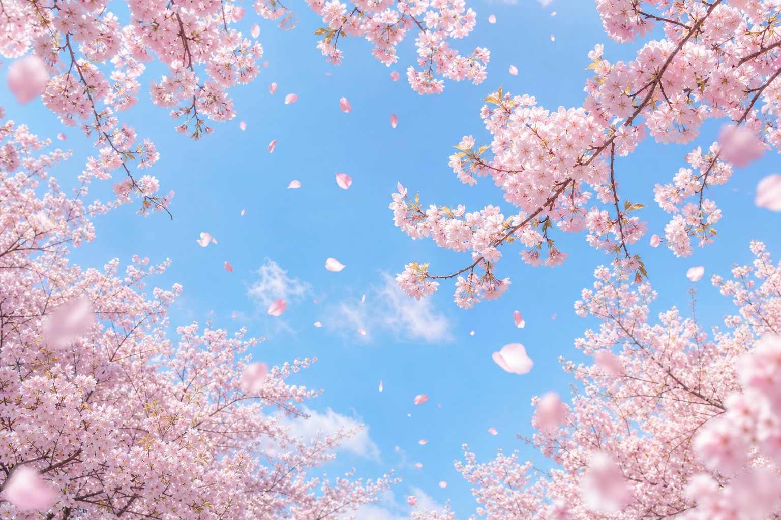 Pink cherry blossoms framing a bright blue sky from below