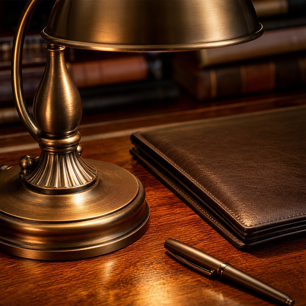 Bronze lamp, leather desk blotter, and pen on a polished law office desk.