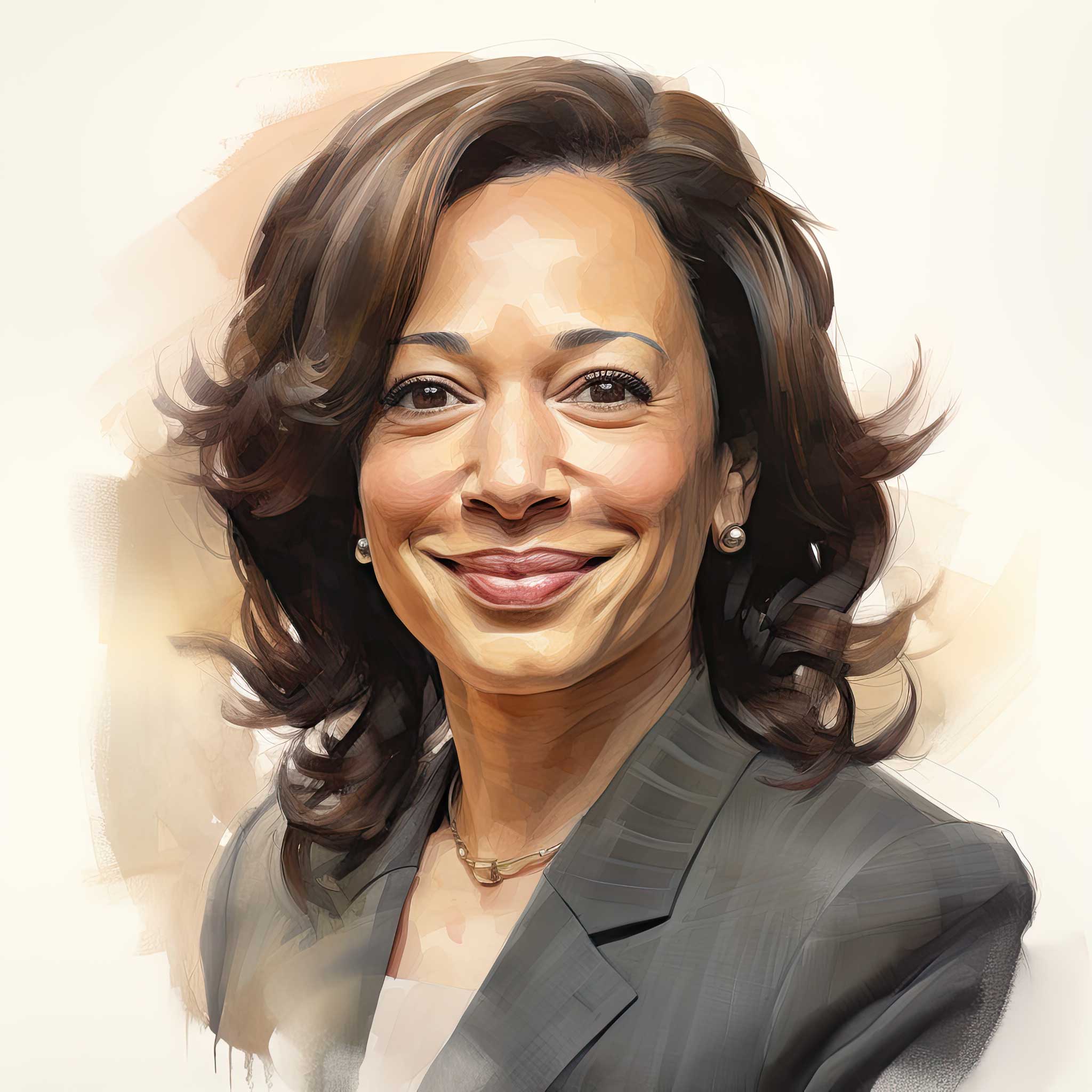Smiling businesswoman portrait with wavy hair in a gray blazer.