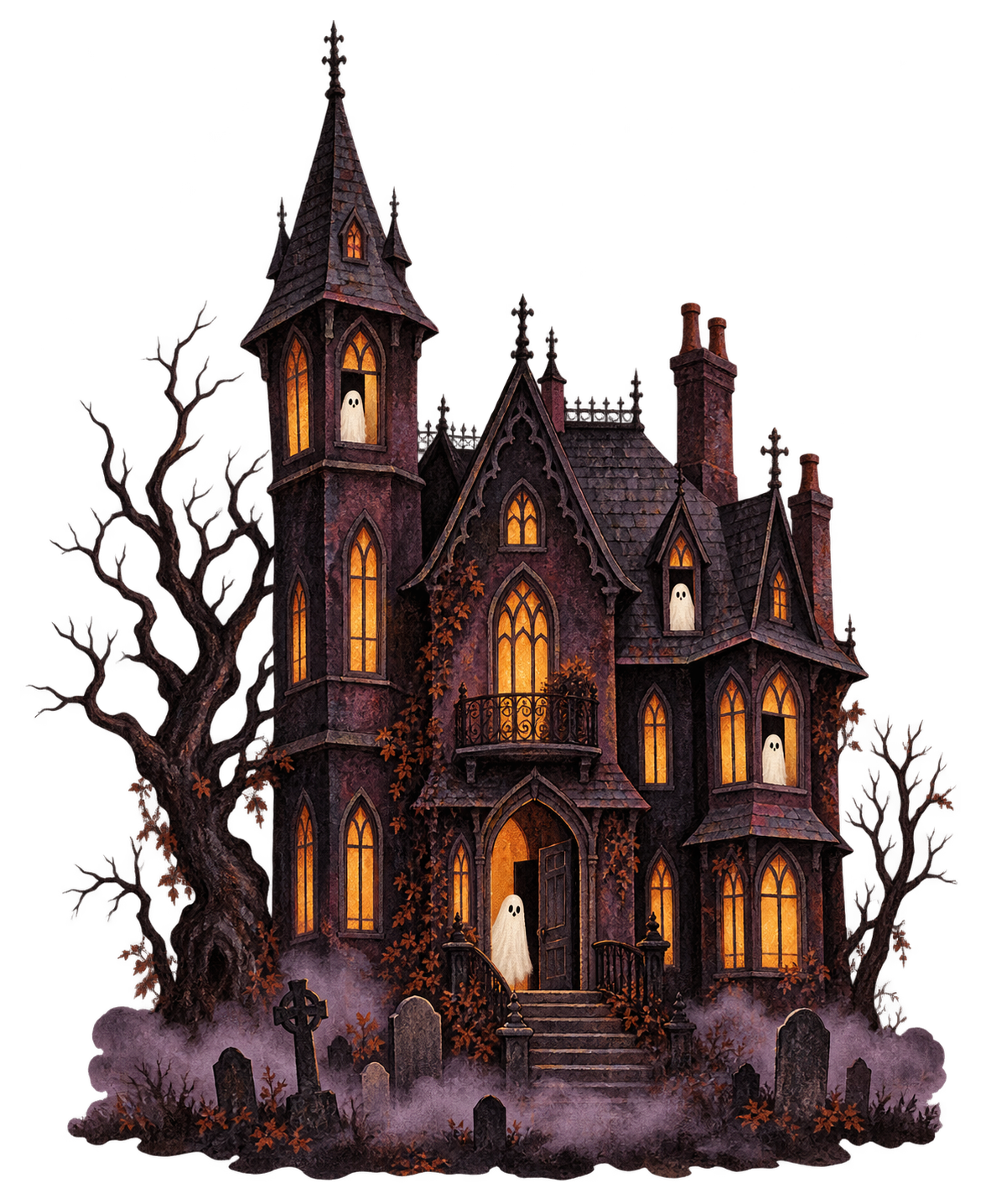 Preview for Gouache Gothic Manor With Ghosts And Glowing Windows