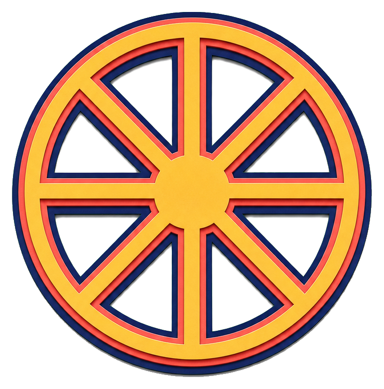 Colorful layered paper dharma wheel with orange spokes and a blue outline